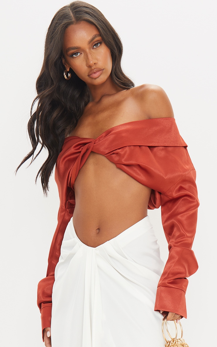 Brown Satin Bardot Twist Front Crop Blouse image 4