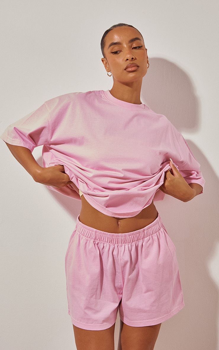 Boxy Terry Short Sleeve Tee With Contrast Neckband - Pink Lemonade