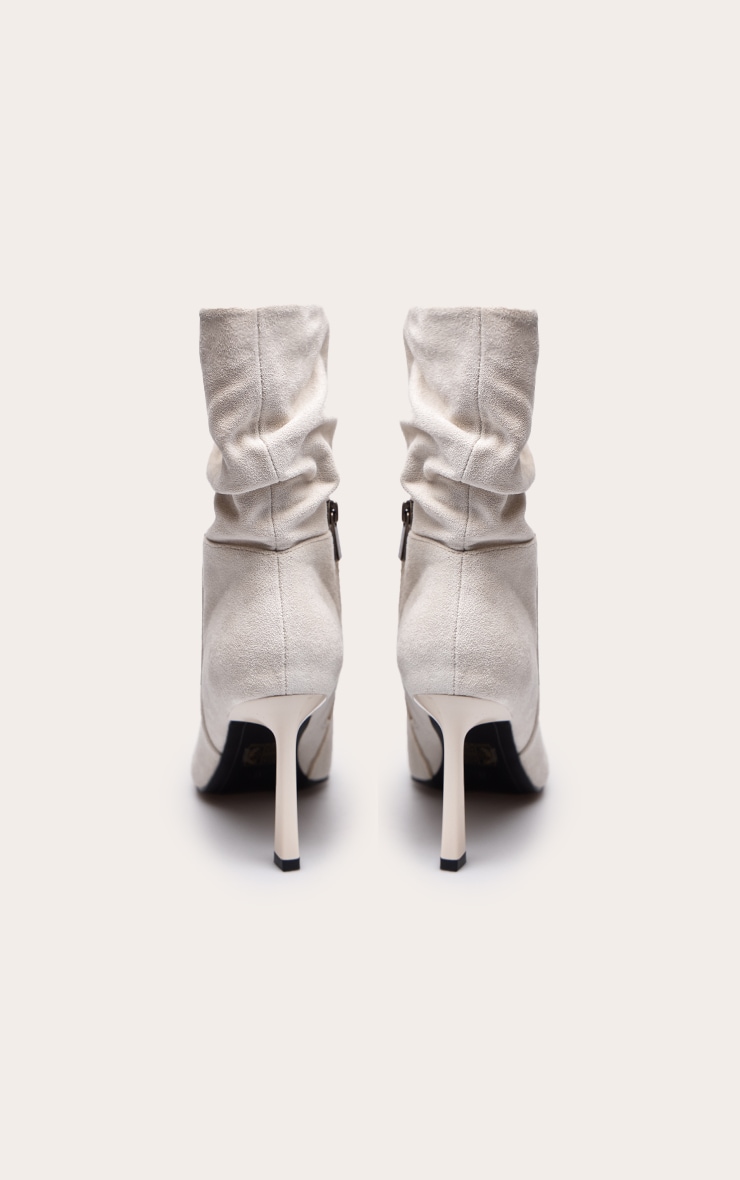 Cream Faux Suede Ruched Chiseled Toe Ankle Boots image 4