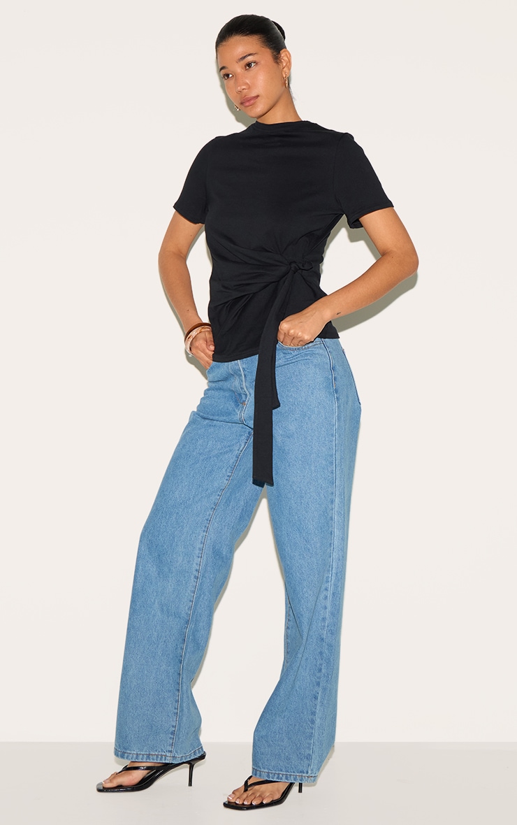 Black Cotton Tie Detail Oversized T Shirt image 3