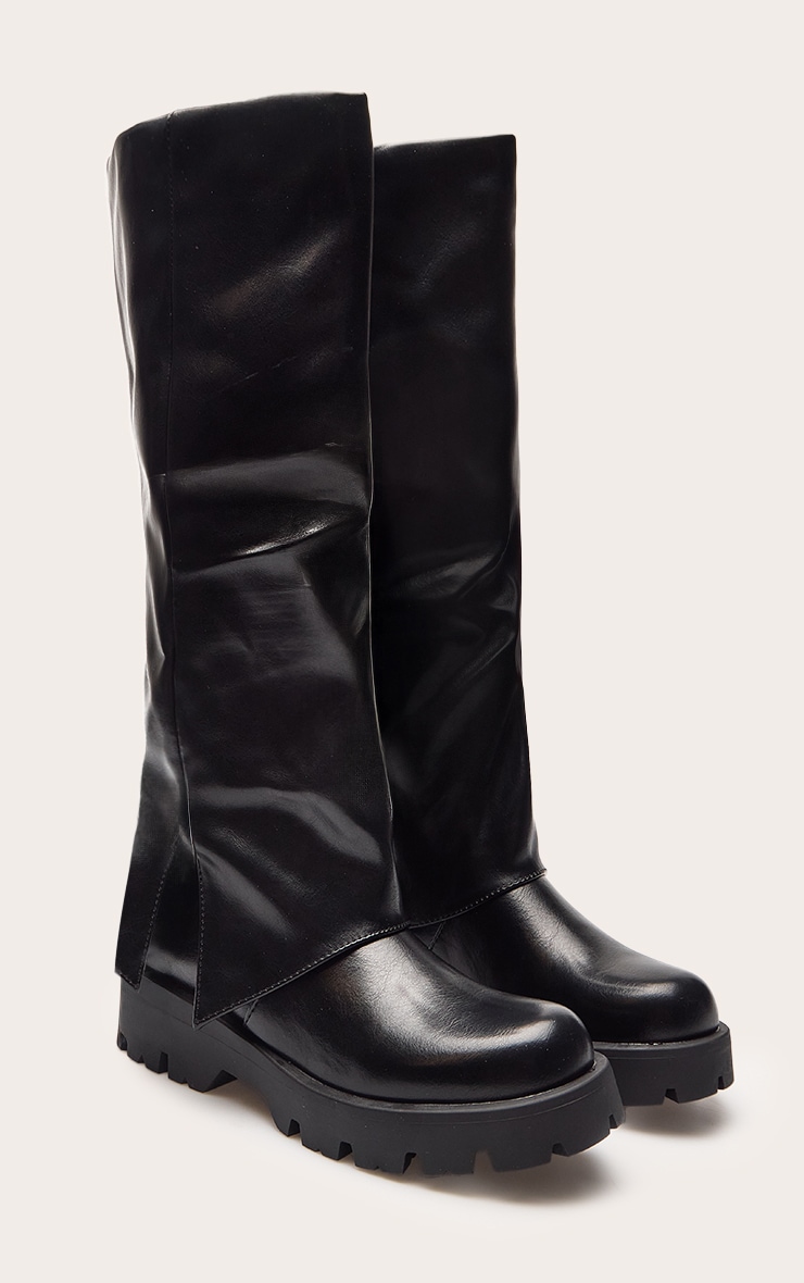 Black Faux Leather Cleated Sole Foldover Knee High Boots image 3