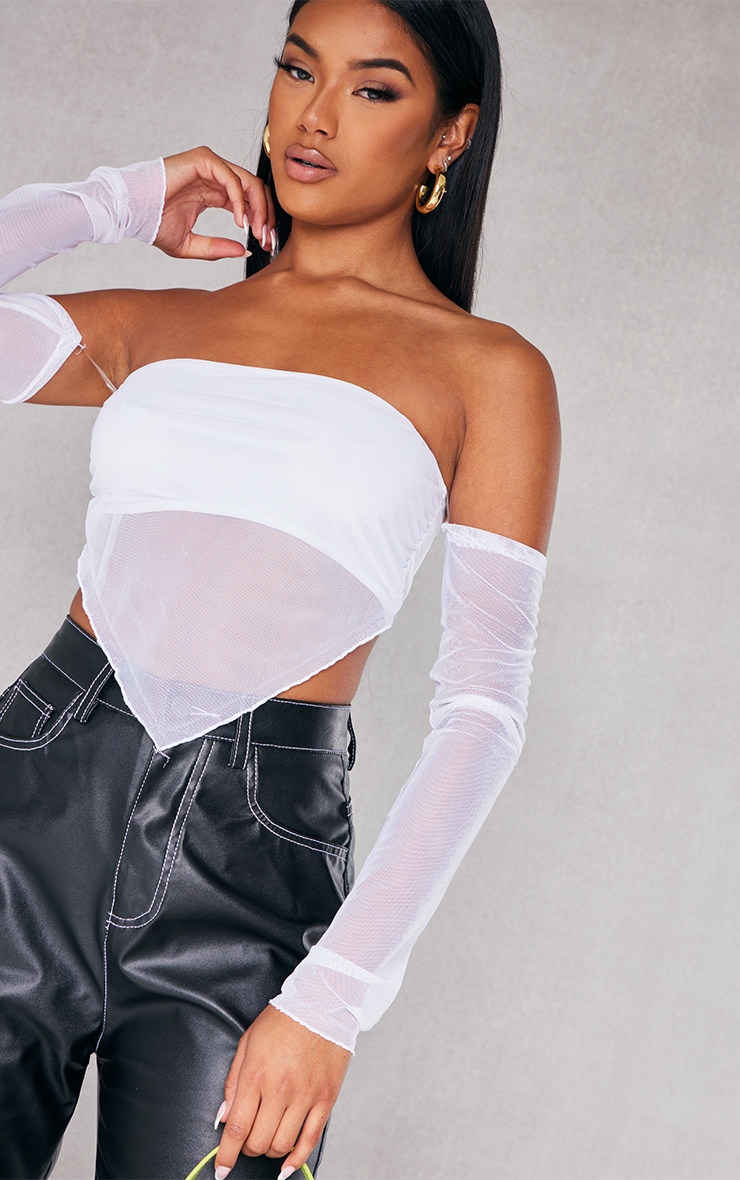 White Mesh Pointed Hem Tube Cold Shoulder Crop Top image 4