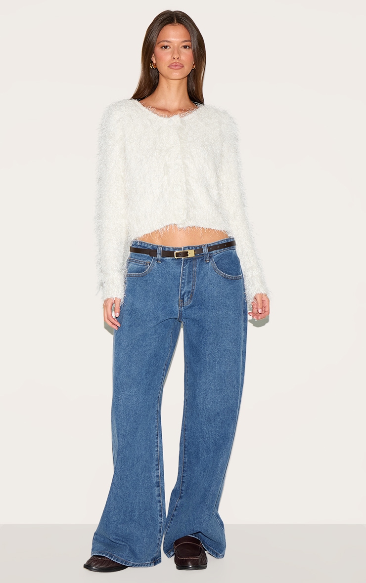 Off White Textured Fluffy Knit Button Up Cardigan image 3