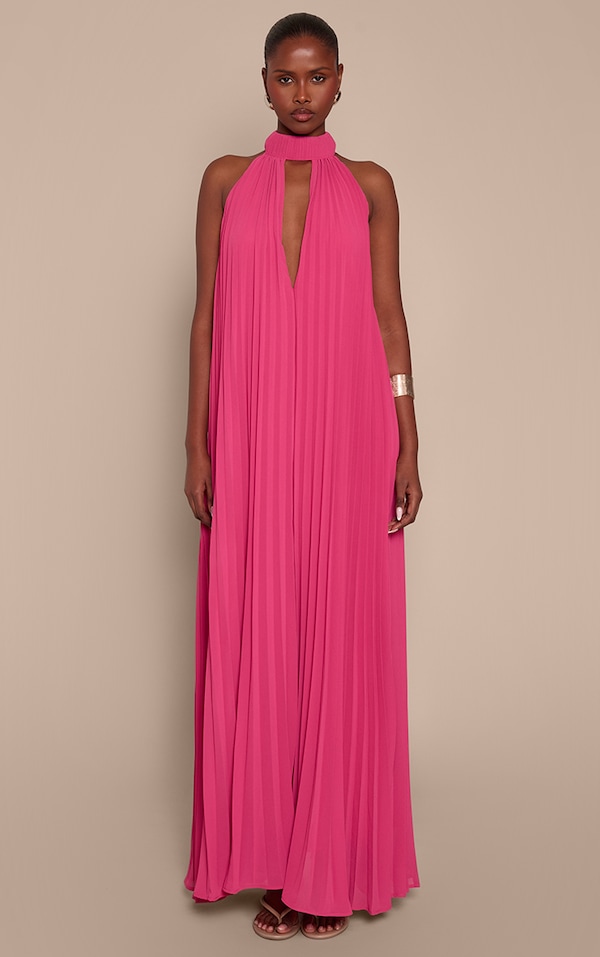 Bright Pink Plisse High Neck Maxi Dress