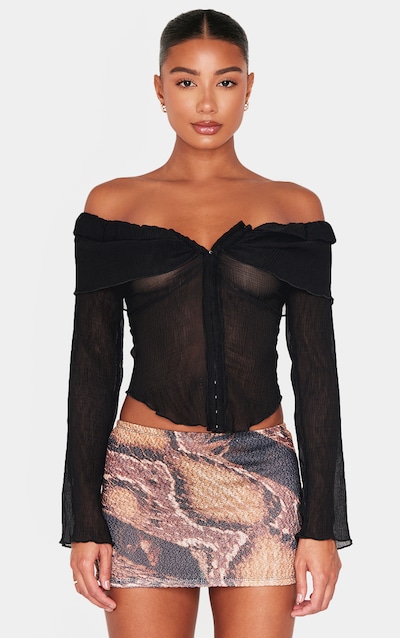 Black Plisse Chiffon Bardot Blouse