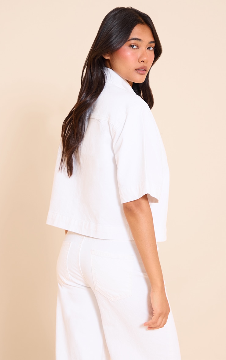 White Short Sleeve Pocket Detail Denim Shirt image 2