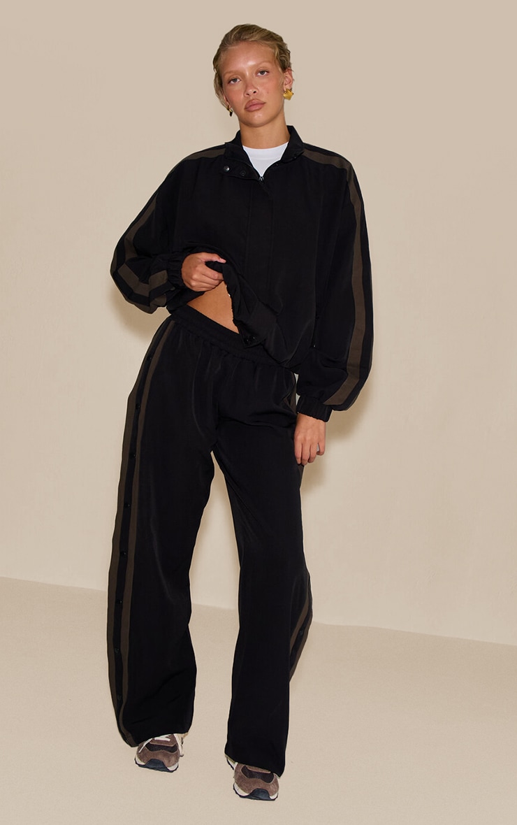 Black Tricot Stripe Detail Popper Side Sweatpants image 3