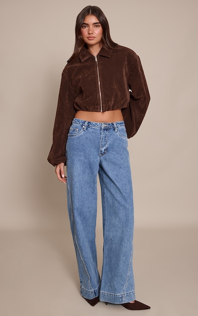 Mid Blue Relaxed Mid Rise Seam Detail Wide Leg Jeans