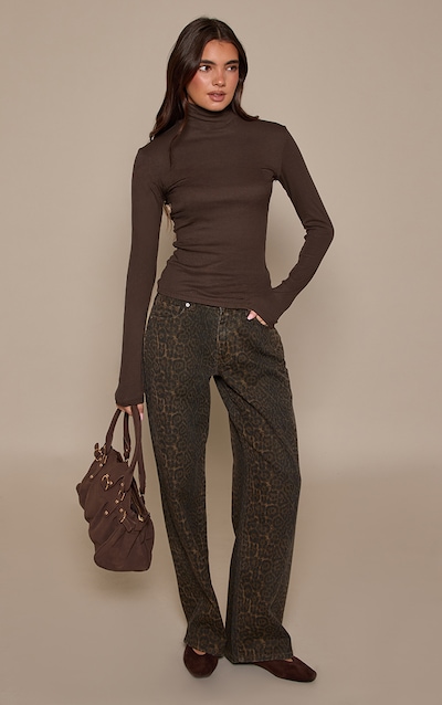 Brown Leopard Print Mid Rise Wide Leg Jeans