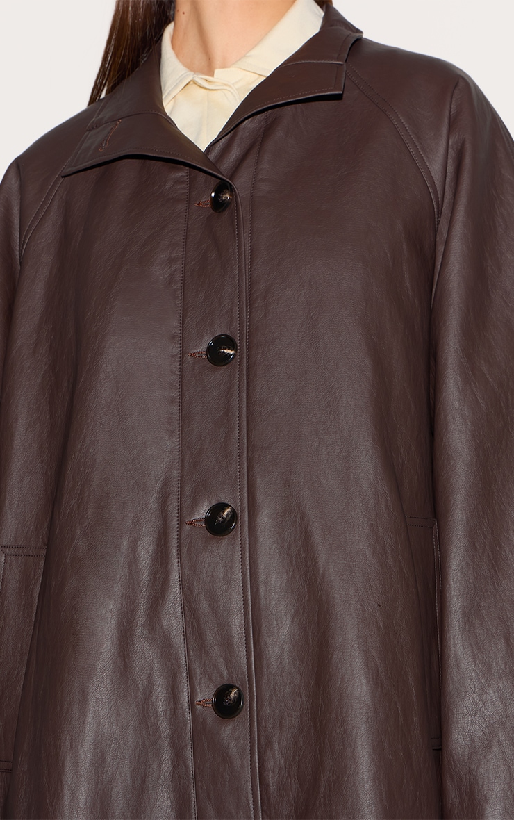Brown Funnel Neck Faux Leather Trench Coat image 4
