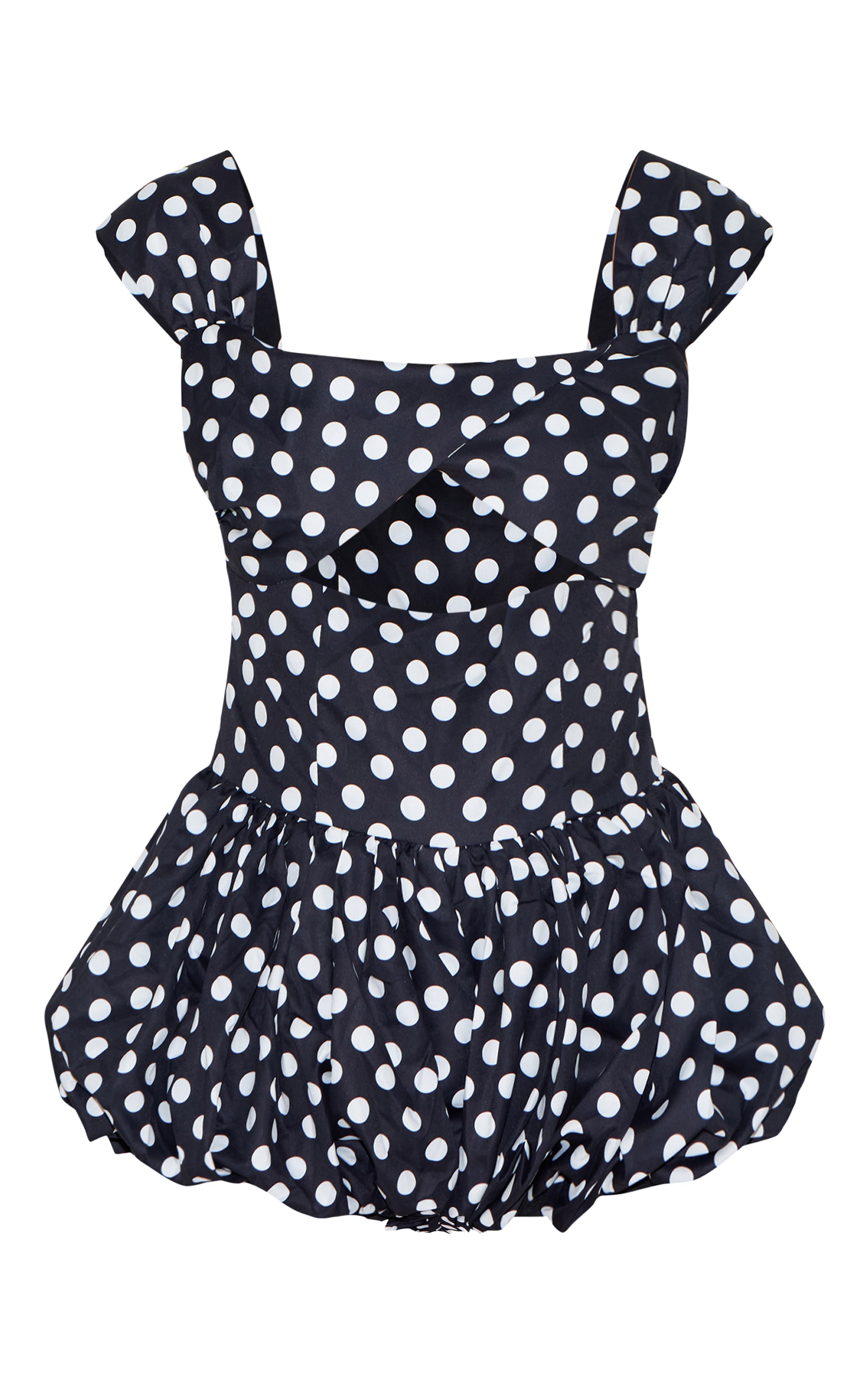 Black Polka Dot Woven Puffball Cap Sleeve Romper image 5