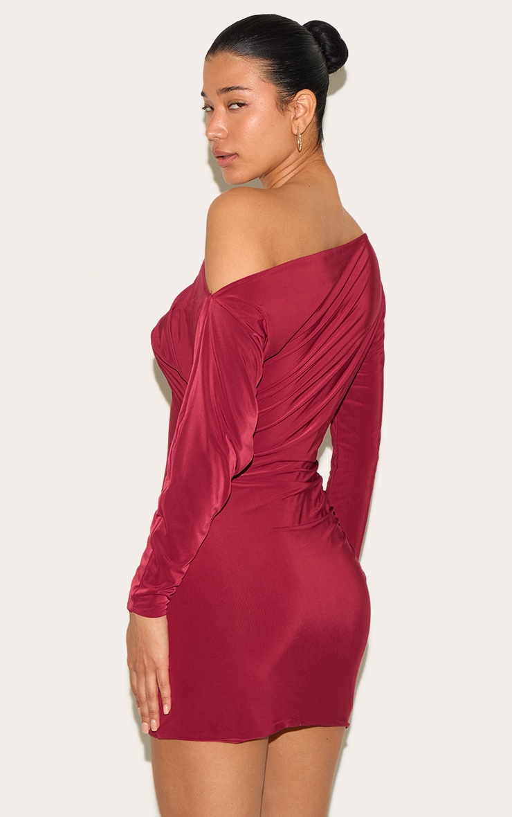 Wine Double Layer Slinky Asymmetric Off The Shoulder Mini Dress image 2