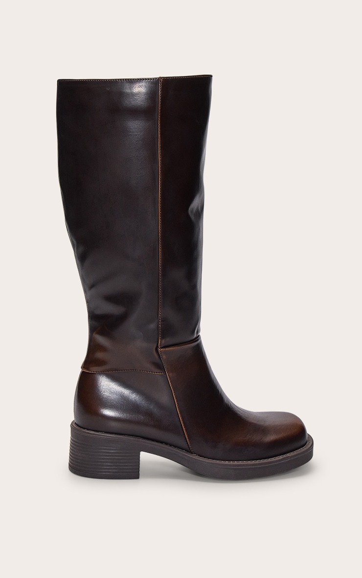 Brown Burnish PU Square Toe Knee High Boots image 2