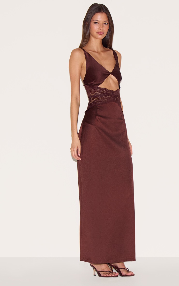 High-Neck Chocolate Satin Maxi Gown with Scarf Detail