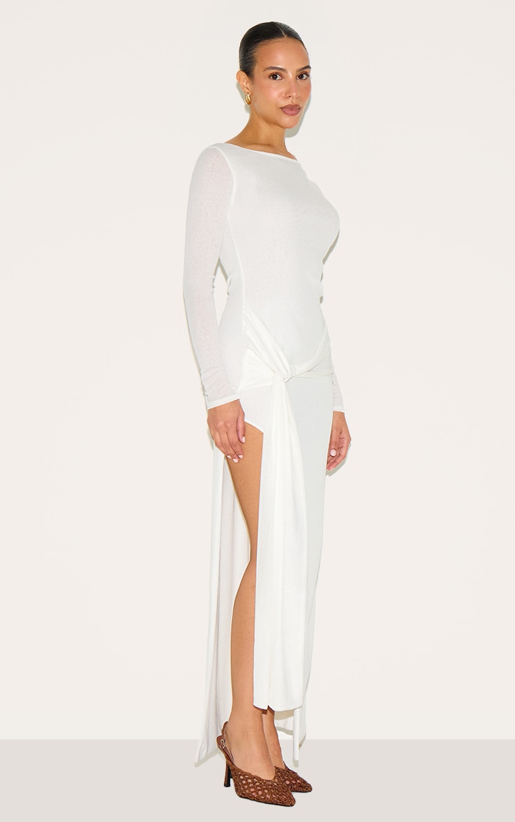 Petite White Long Sleeve Sheer Tie Front Maxi Dress image 3