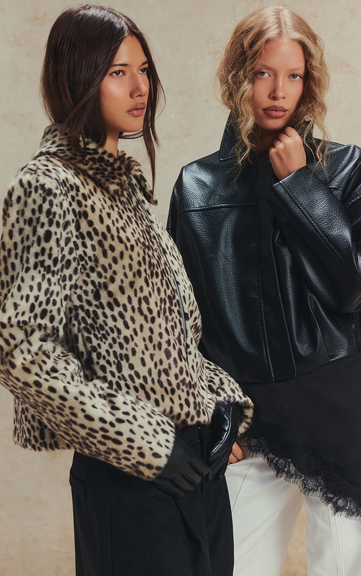 Beige Leopard Print Short Faux Fur Jacket image 4