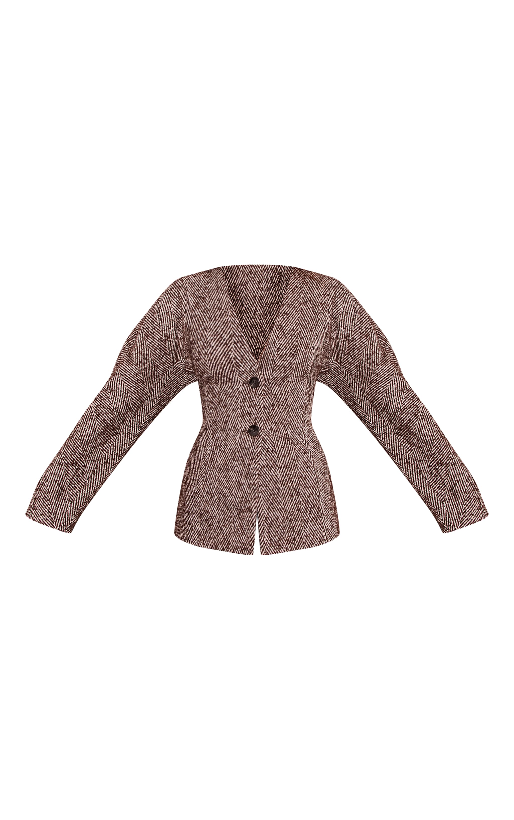 Brown Herringbone Collarless Cocoon Sleeve Blazer image 5