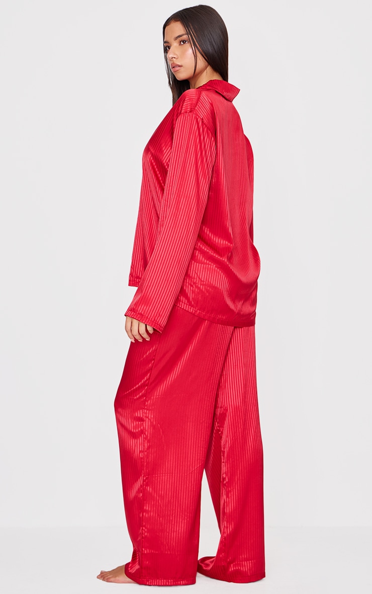 Red Jacquard Stripe Satin Long PJ Set image 2