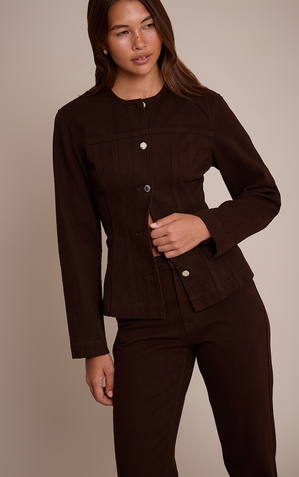 Dark Chocolate Cinched Long Sleeve Denim Jacket