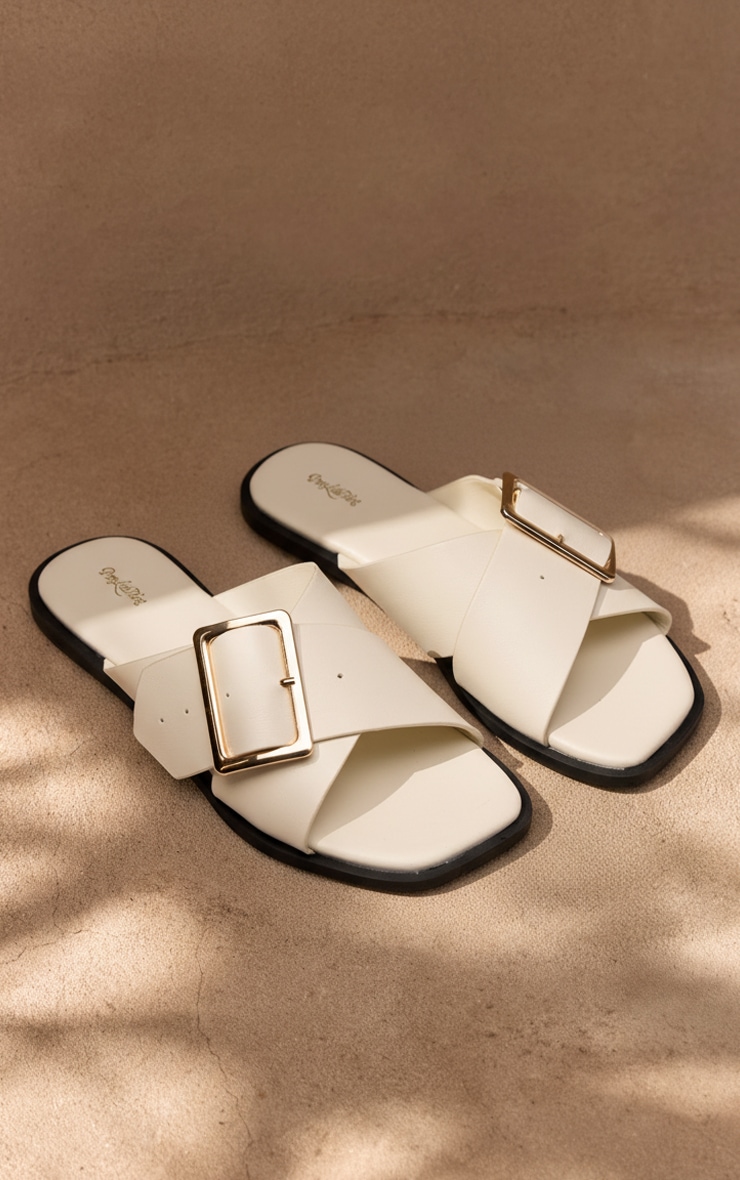 Cream Wide Fit Buckle Cross Over Flat Sandals