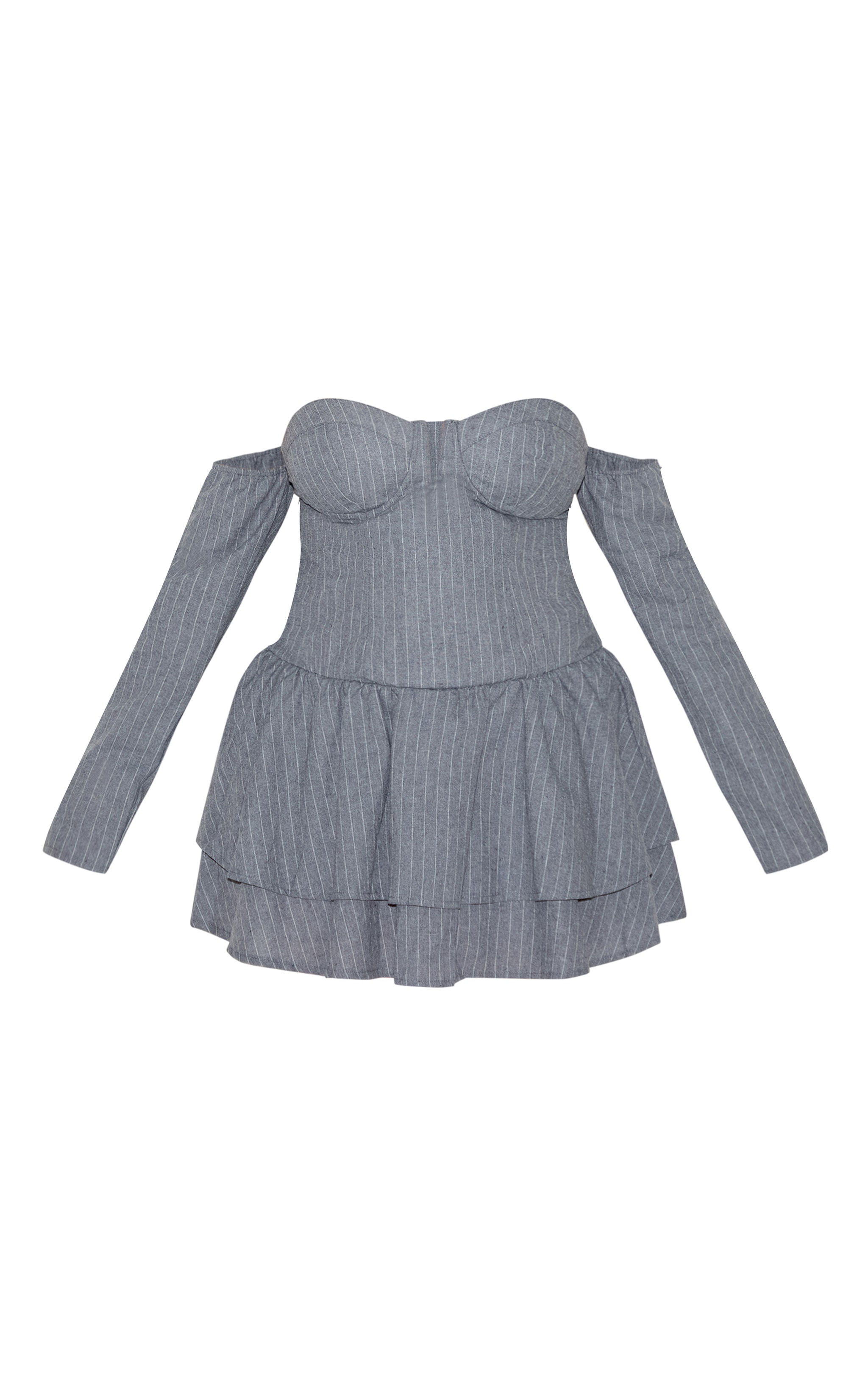 Plus Robe droite gris clair finement rayée à col bardot et détail bonnets image 5