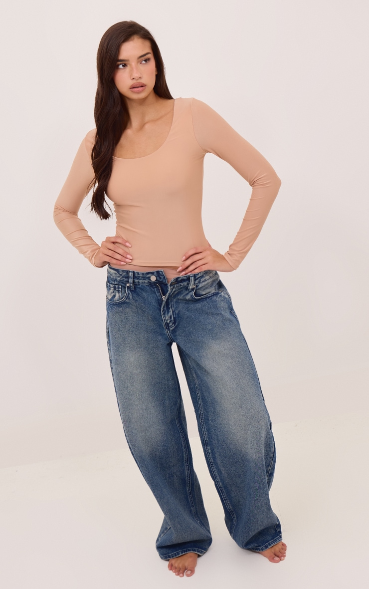 Latte Polyamide Scoop Neck Long Sleeve Top image 3