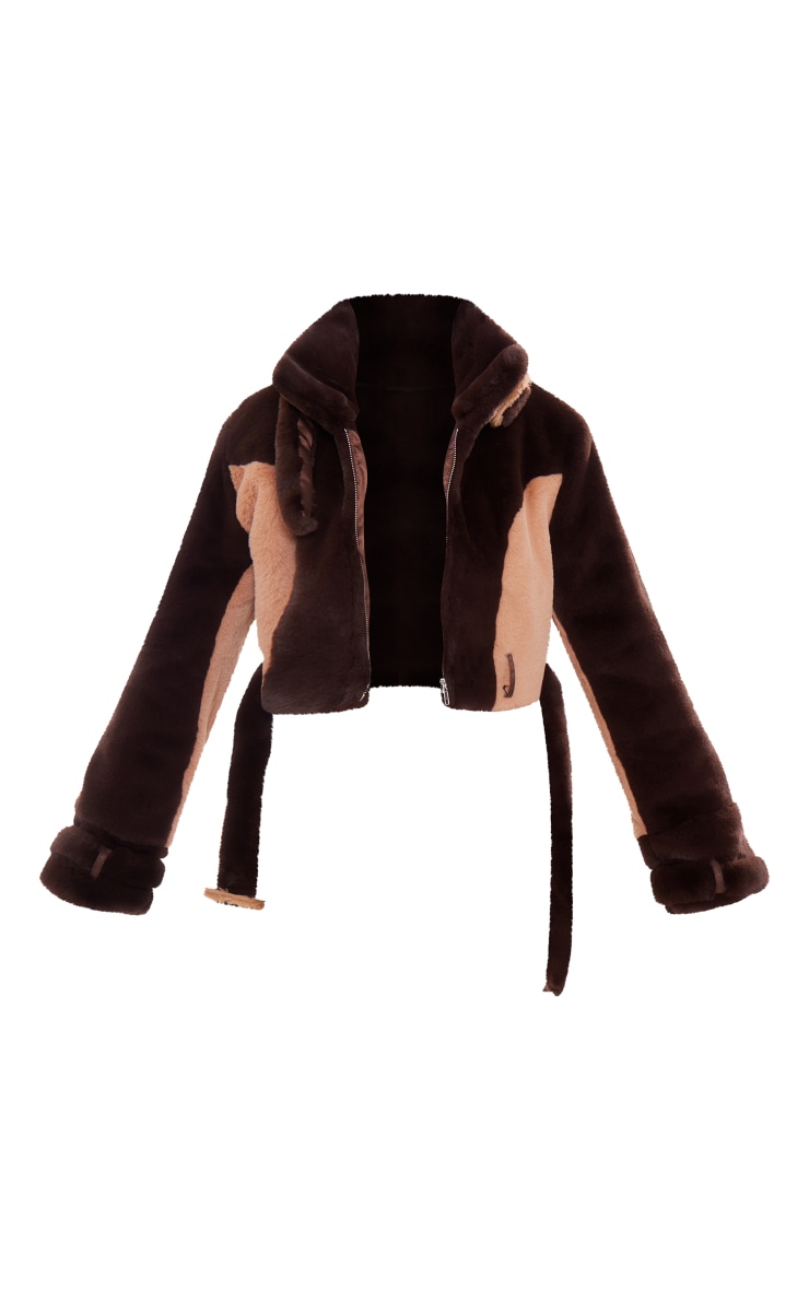 Chocolate Belted Collar And Hem Cropped Faux Fur Coat image 5