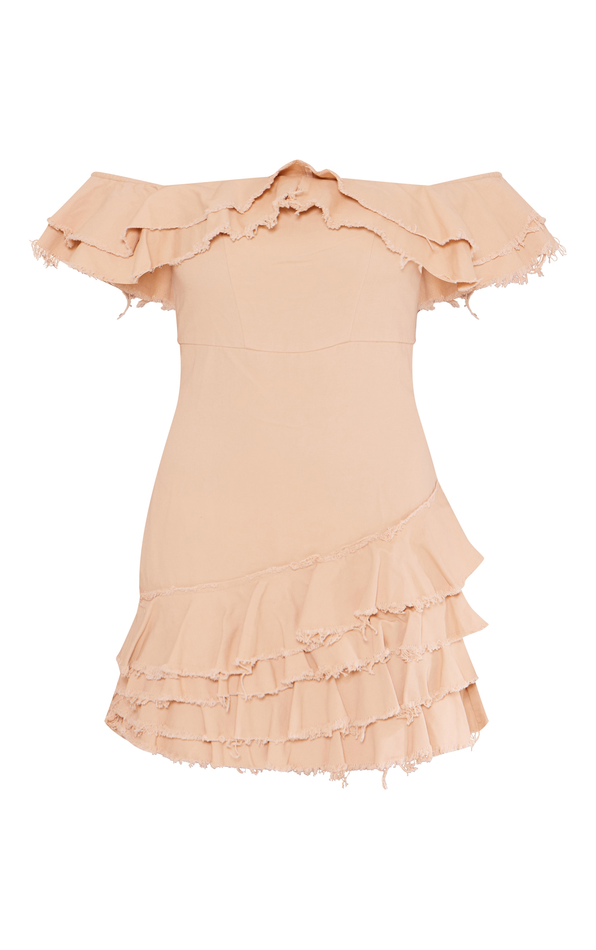 Cream Twill Bardot Frayed Edge Tiered Shift Dress image 5