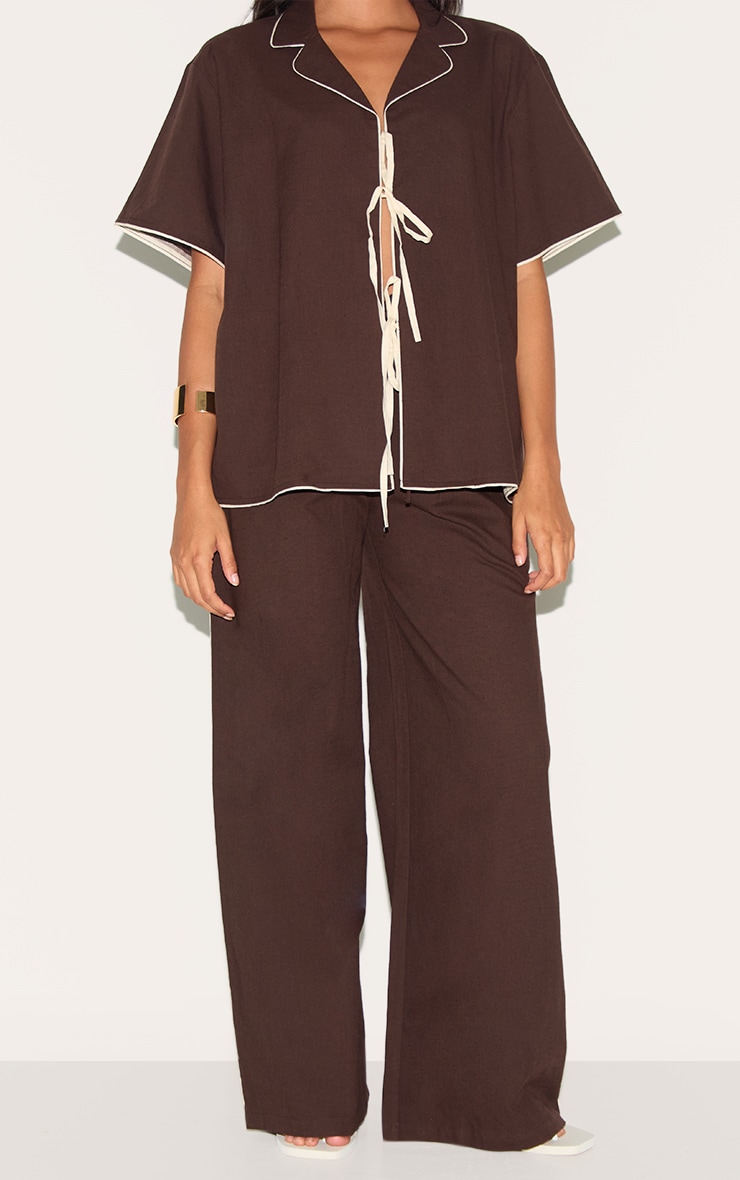 Dark Brown Linen Look Contrast Wide Leg Pants image 2
