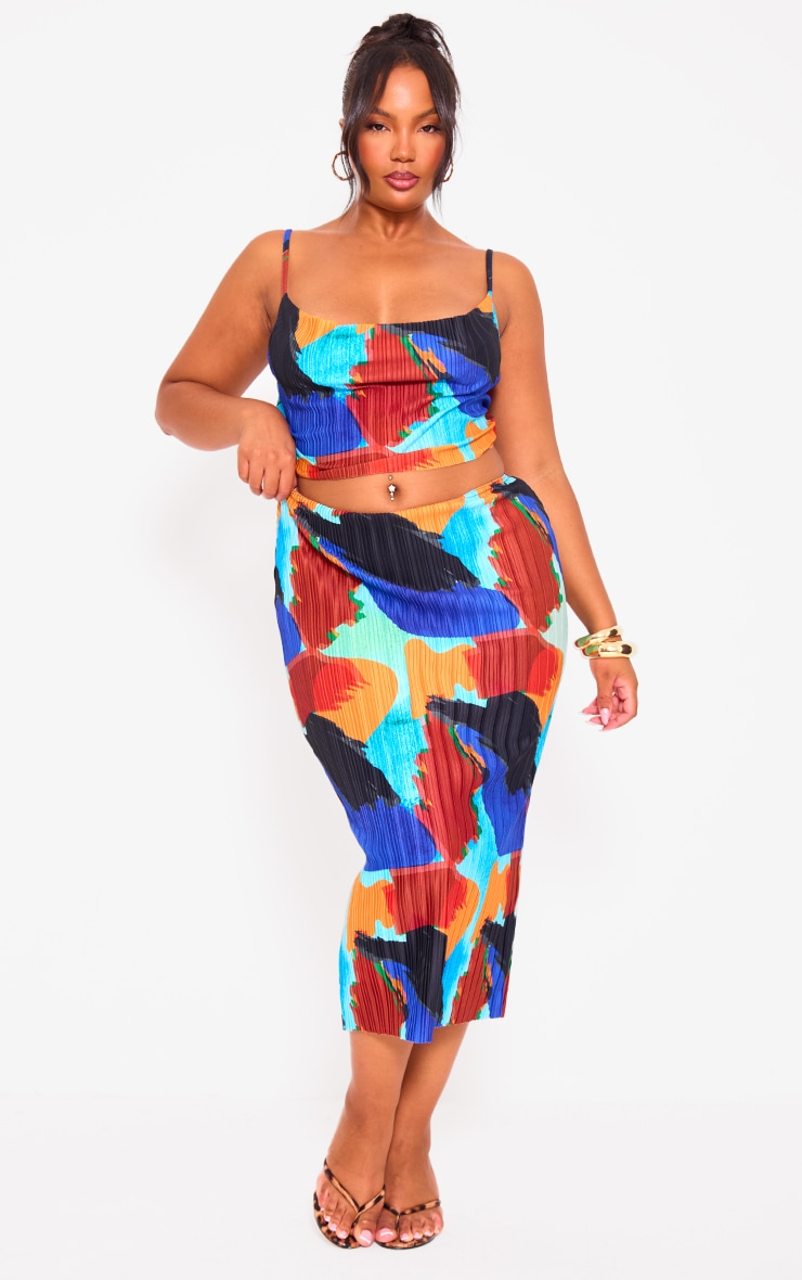 Plus Blue Abstract Print Plisse Strappy Cowl Neck Top image 3