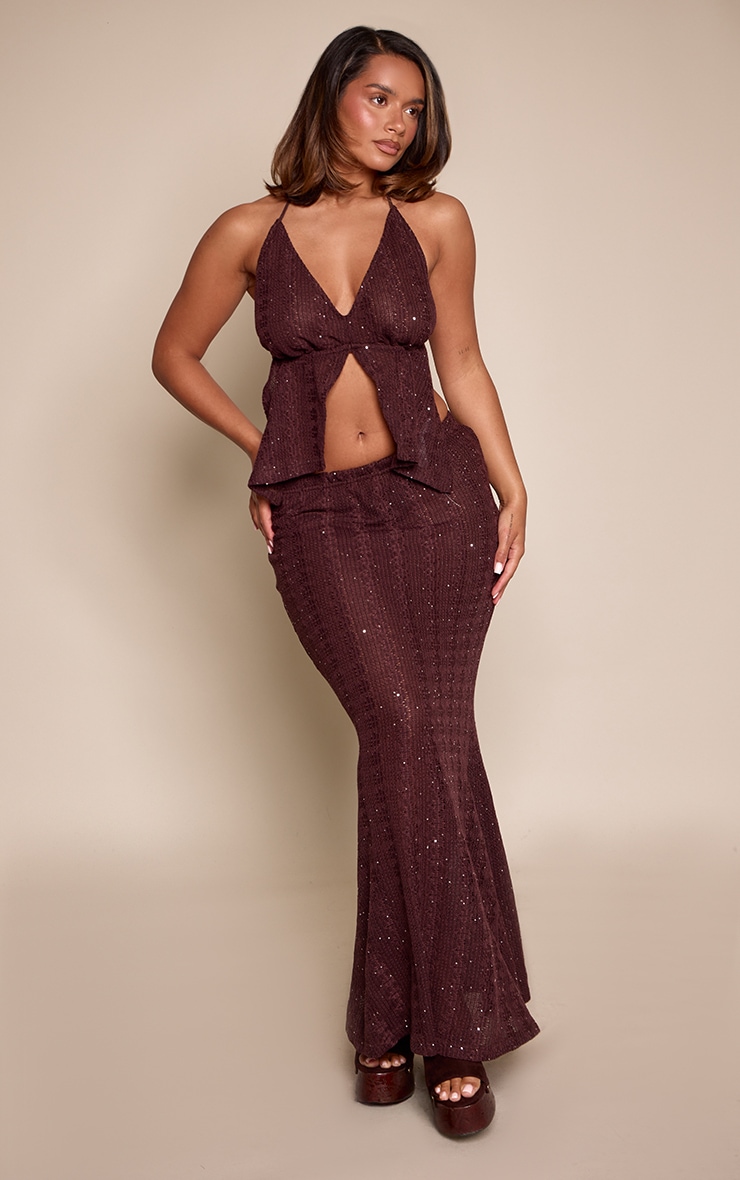 Shape Brown Sequin Knitted Fishtail Maxi Skirt