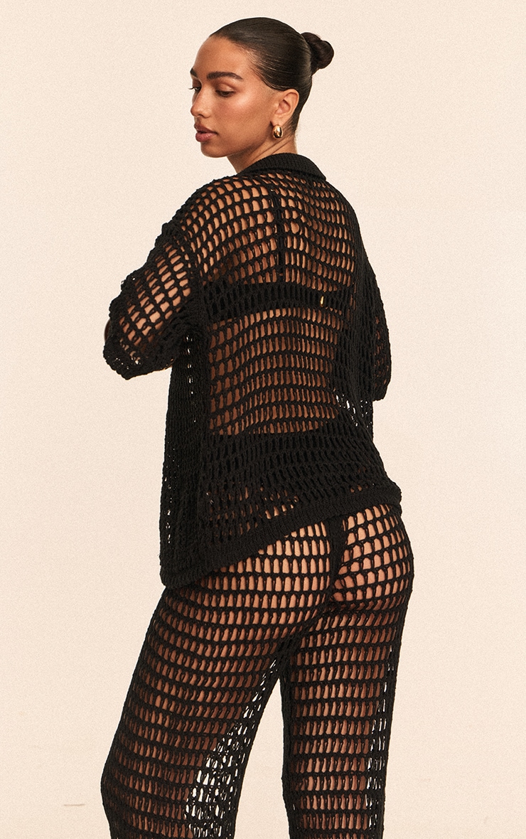 Black Crochet Short Sleeve Beach Shirt image 2