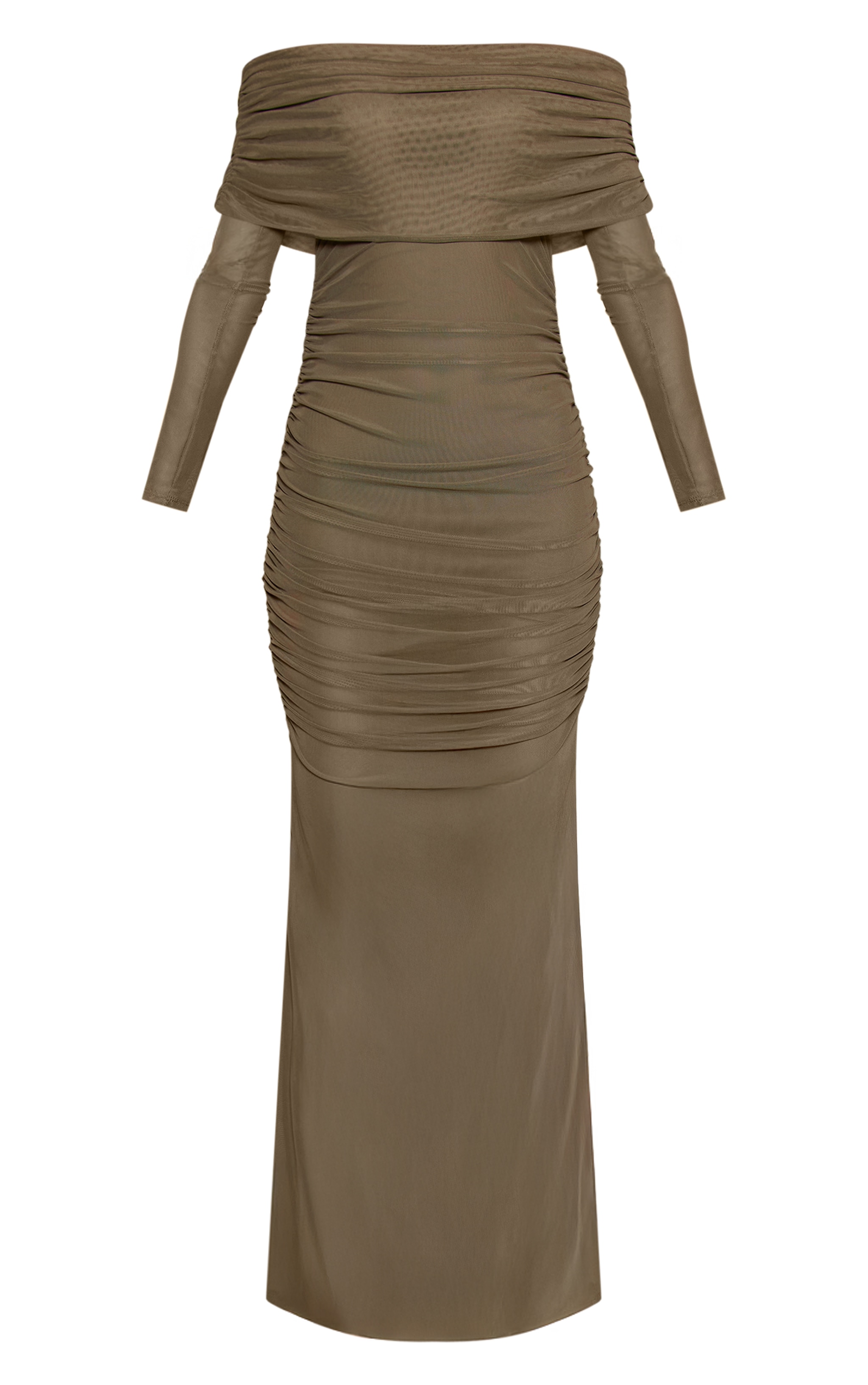 Robe longue en mesh doublé kaki à col bardot et manches longues image 5