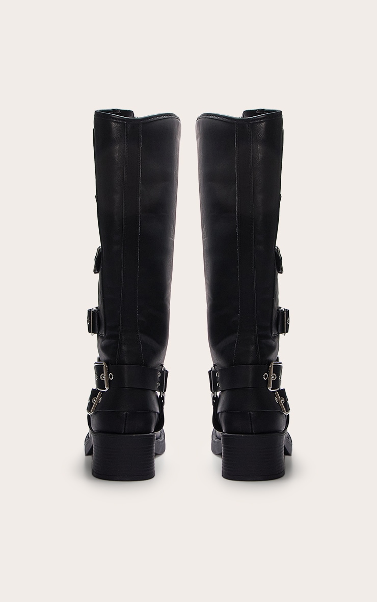 Bottes hautes à boucle multiple et bride noires en PU à bout rond image 3