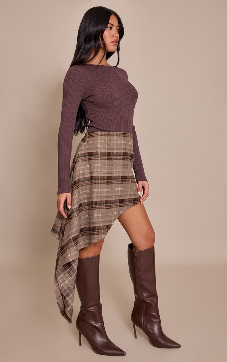 Brown Check Brushed Woven Asymmetric Mini Skirt image 4