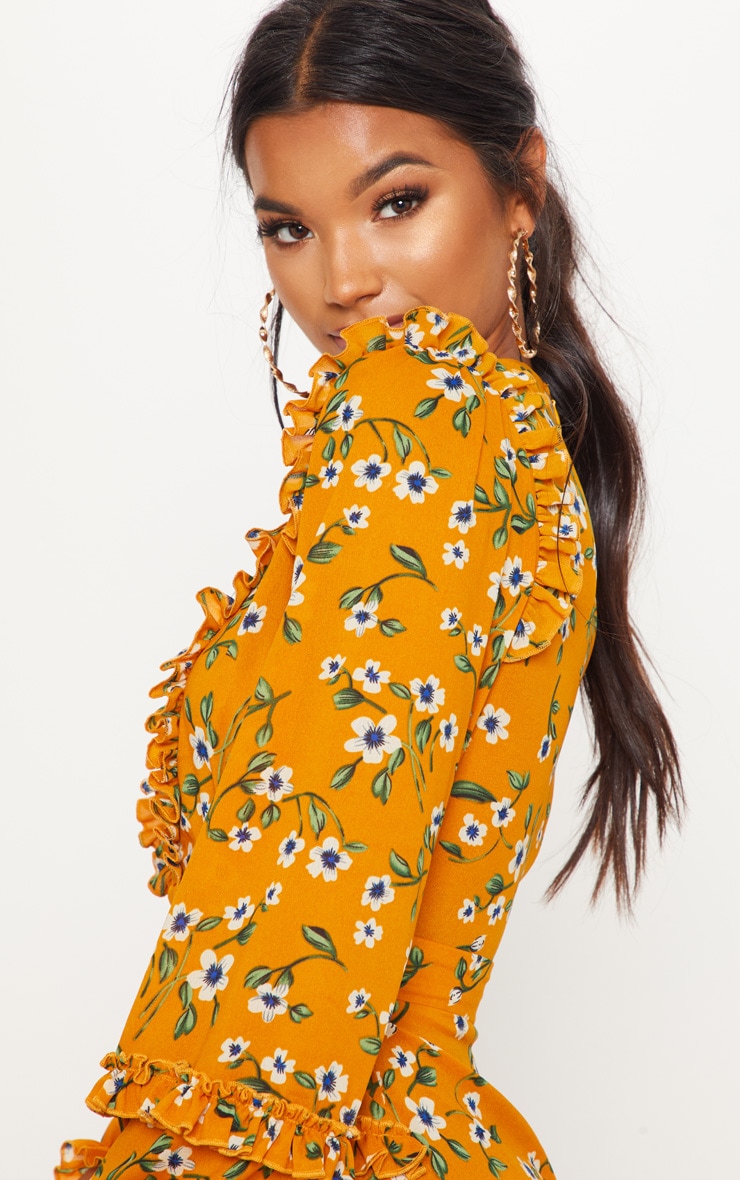 Mustard Floral Print Frill Detail Skater Dress image 4