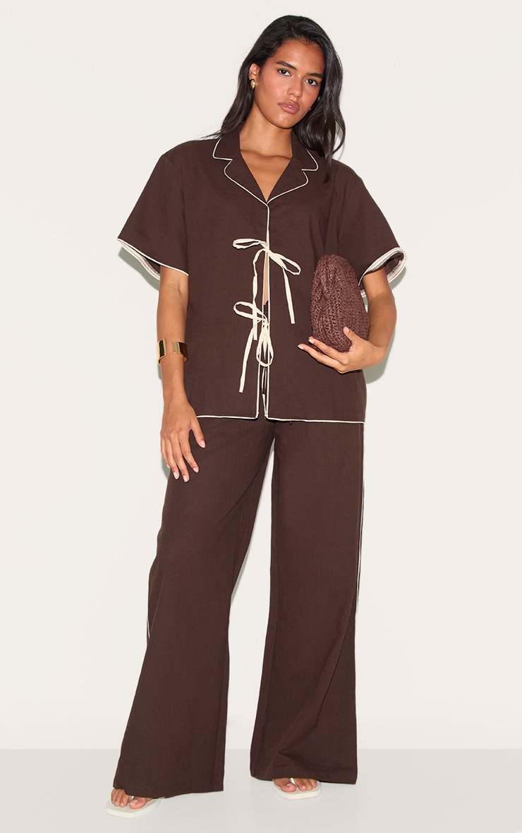 Dark Brown Linen Look Contrast Oversized Tie Shirt image 3