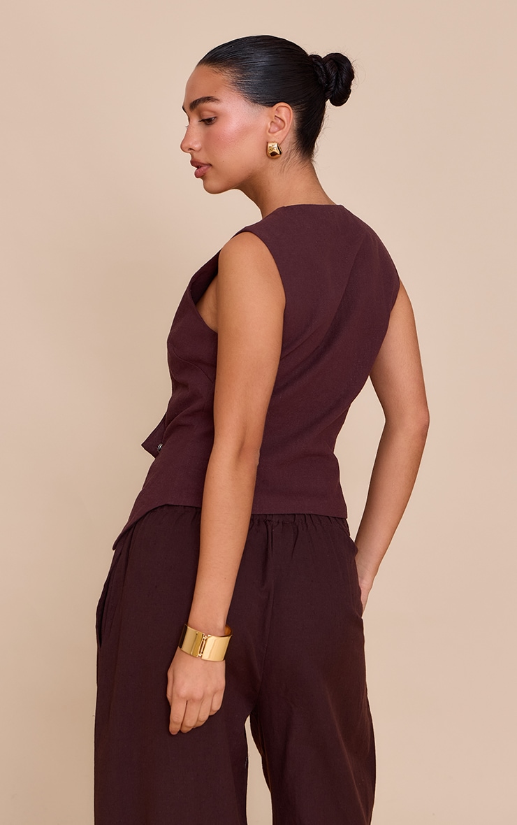 Deep Chocolate Premium Linen Blend Button Asymmetric Vest image 2