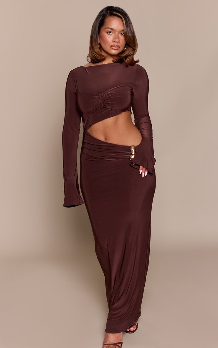 Shape Chocolate Cut Away Maxi Dress With Gold Trim