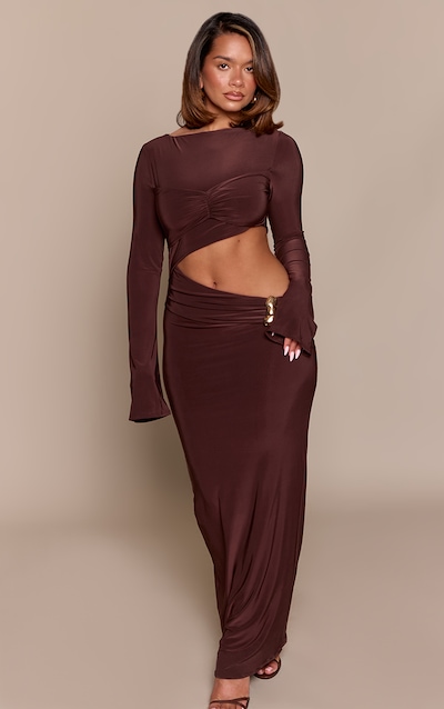 Shape Chocolate Cut Away Maxi Dress With Gold Trim