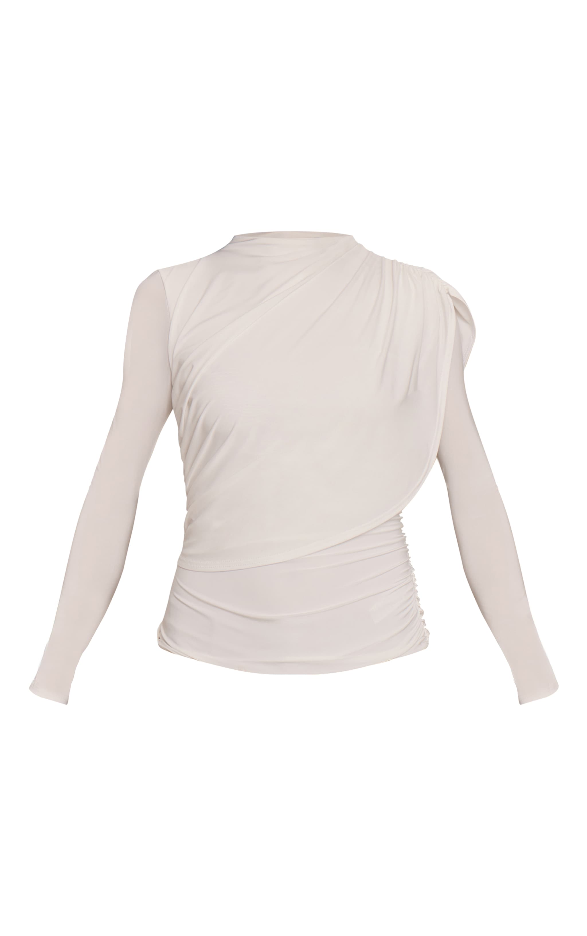 Cream Double Layer Slinky Cape Detail Long Sleeve Top image 5