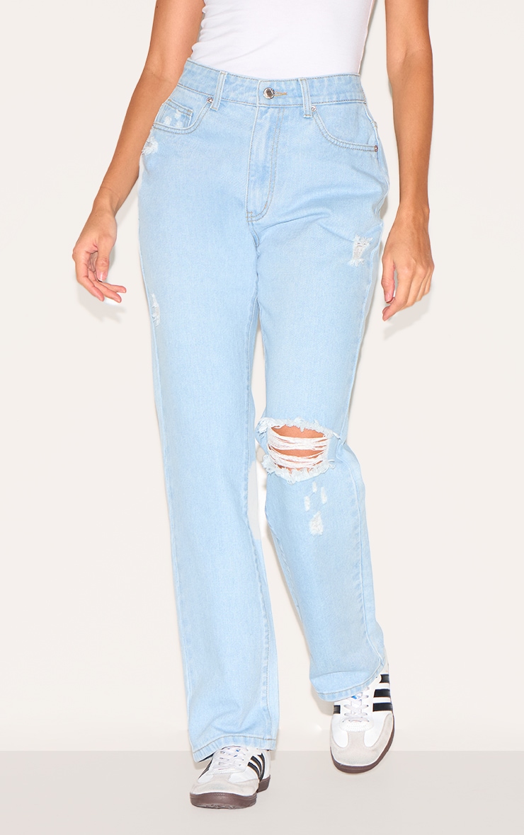 Light Blue Wash Distressed High Rise Straight Leg Jeans image 2