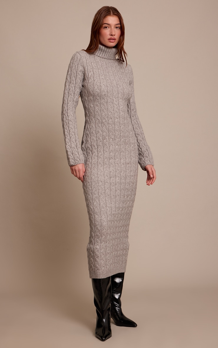 Grey Chunky Cable Knit Roll Neck Maxi Sweater Dress image 3