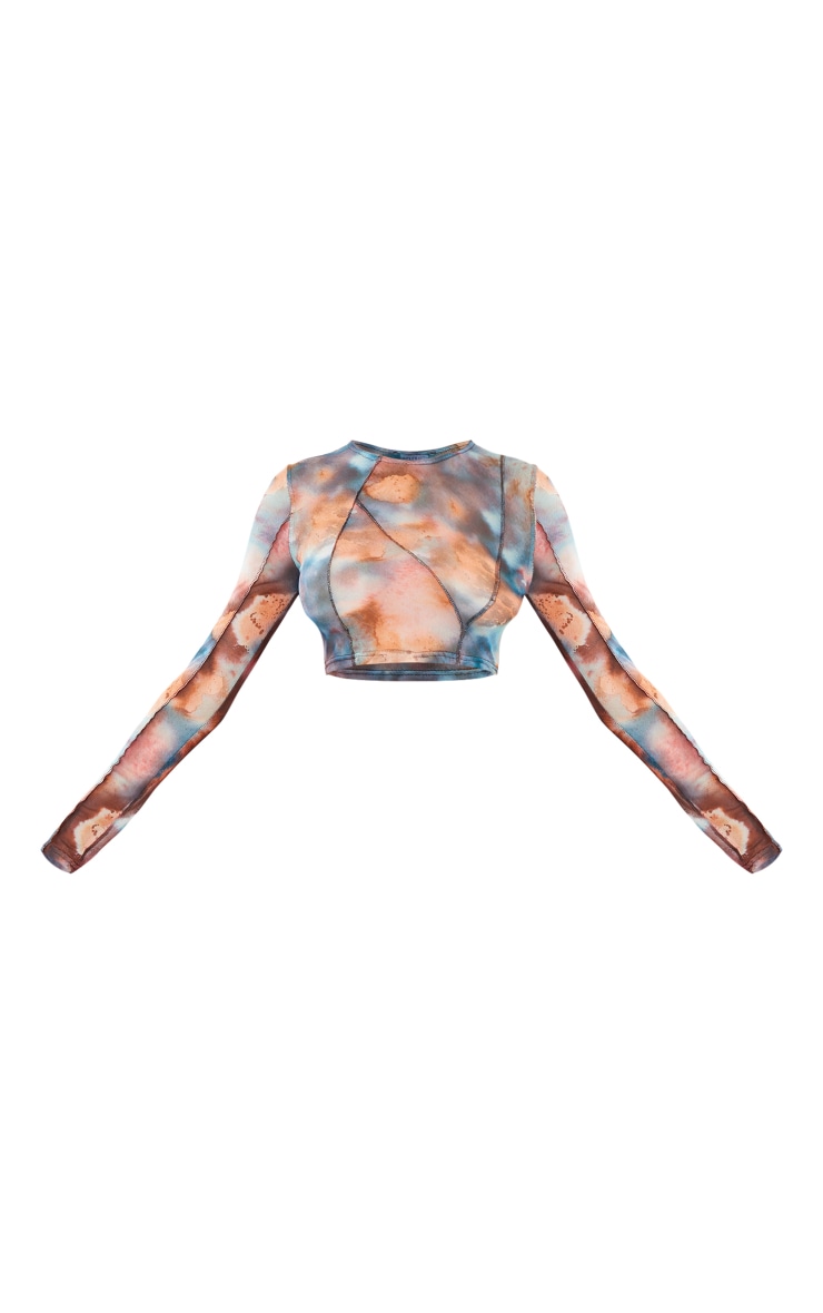 Multi Printed Mesh Seam Detail Long Sleeve Crop Top image 5