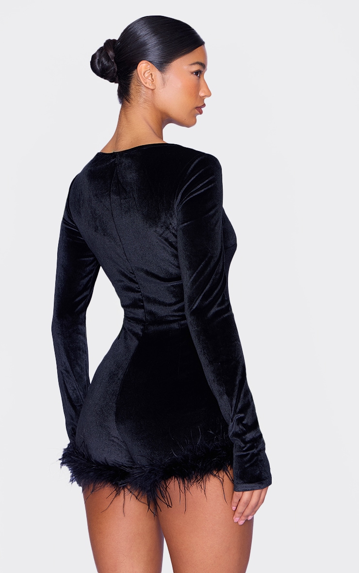 Black Velvet Long Sleeve Feather Trim Romper image 2