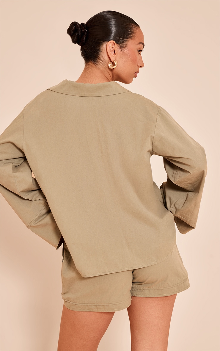 Light Khaki Cotton Woven Boxy Long Sleeve Collar Top image 2