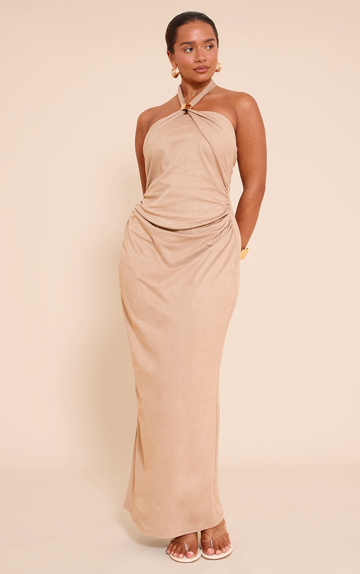 Shape Stone Faux Suede Gold Trim Halterneck Maxi Dress image 1
