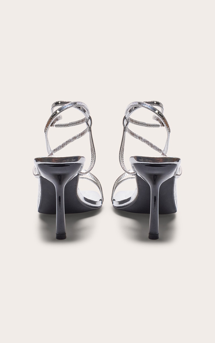 Silver Metallic PU Square Toe Asymmetric Strap Barely There Heeled Sandals image 4