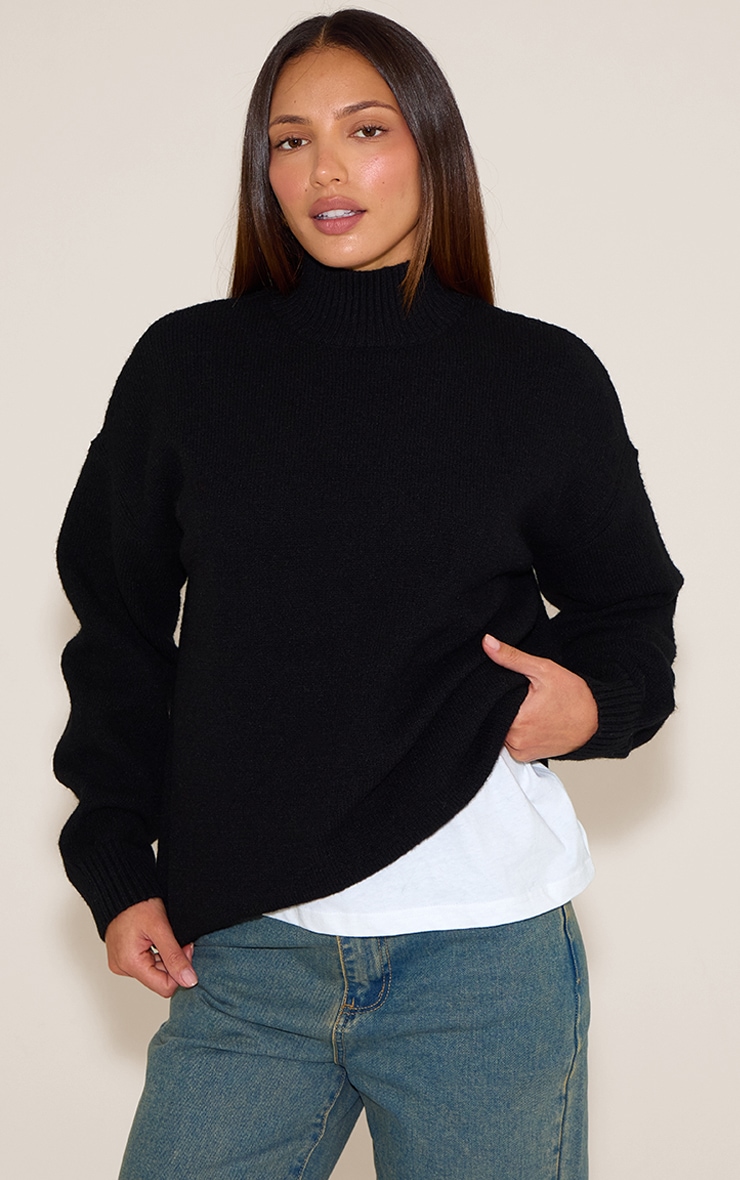 Tall Black Knit Oversized Polo Neck Sweater image 1