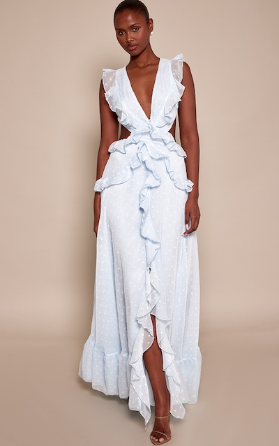 Robe longue bleue à décolleté et volants